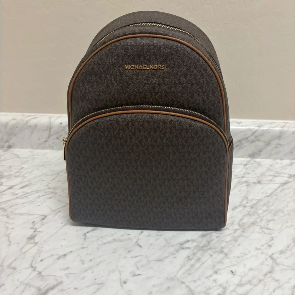 Michael Kors Dark Brown MK Monogram Backpack with Tan Trim